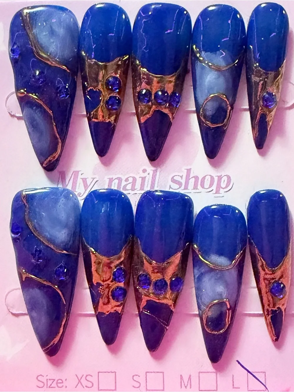Navy Blue Marble & Gold Accent Press-On Nail Set